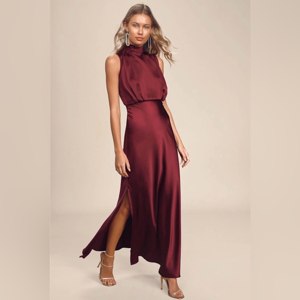 Lulus Classic Elegance Burgundy Satin Dress